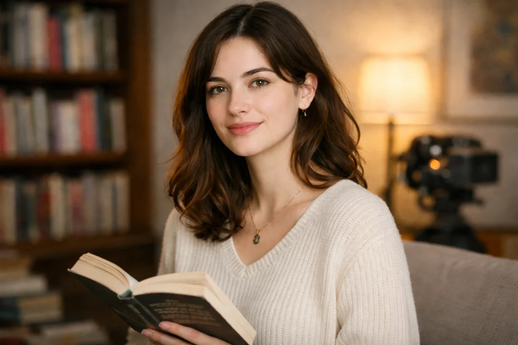 Illustrative portrait of Maia Lafortezza reading a book in a cozy library