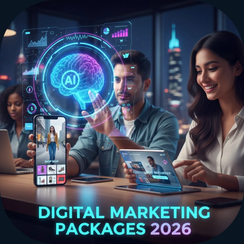 Futuristic AI digital marketing packages 2026 with holographic data analytics and shoppable video ads.